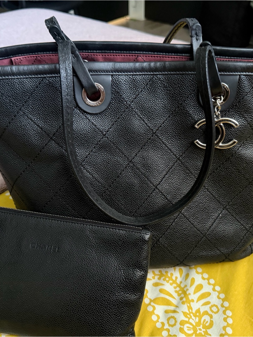 CHANEL Black Quilted Caviar Leather Tote with CC Charm